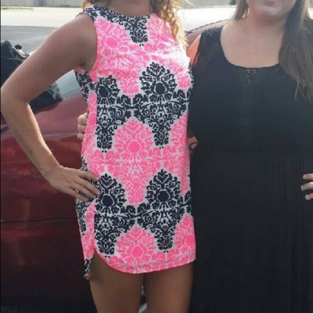 Navy blue and pink shift dress